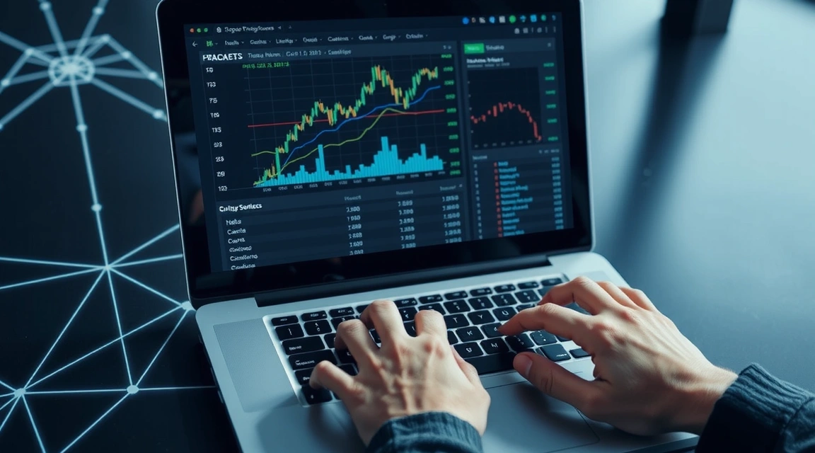 Persona che digita su una tastiera, con dati finanziari e grafici sullo sfondo