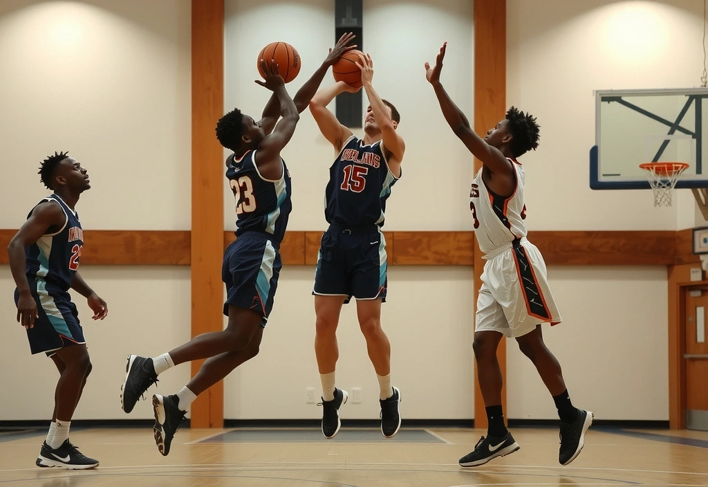 Giocatori di basket che saltano per un rimbalzo