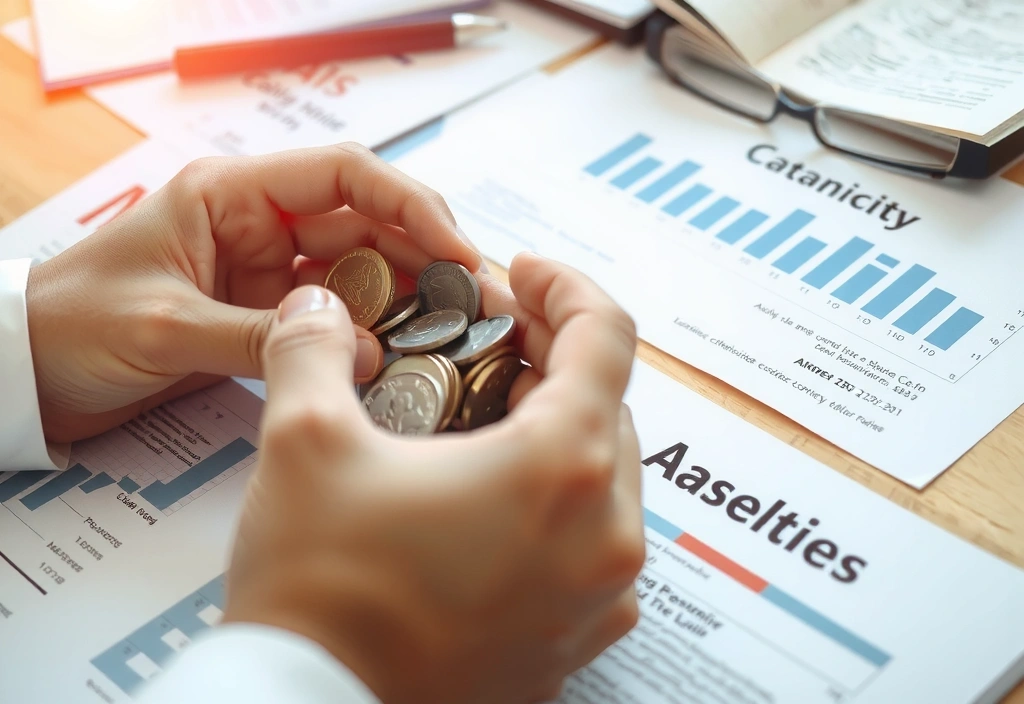 Mani che contano monete su un tavolo con documenti finanziari