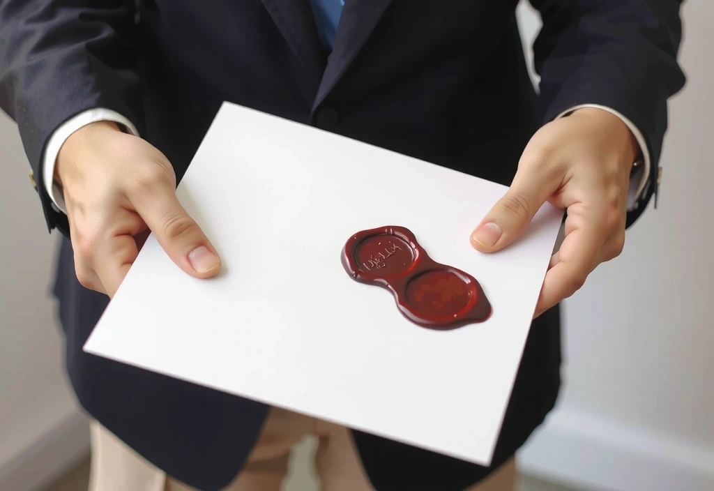 Mani che tengono un documento legale con un sigillo, simbolo di conformità normativa.