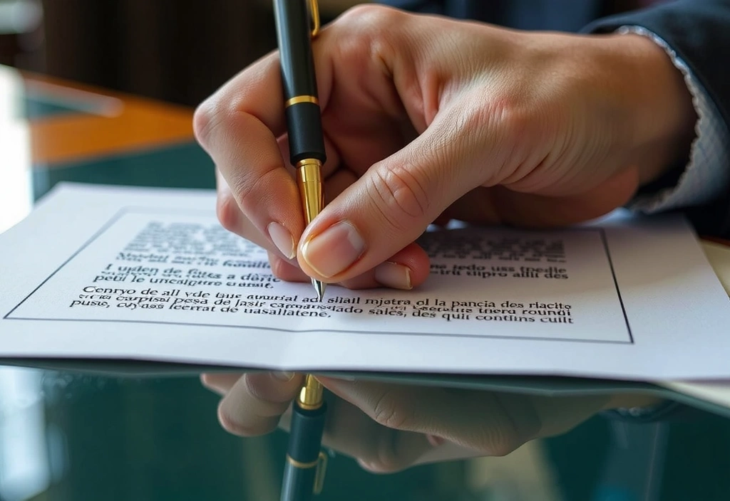 Mano che firma un documento legale con una penna, simbolo di accordo e termini di servizio
